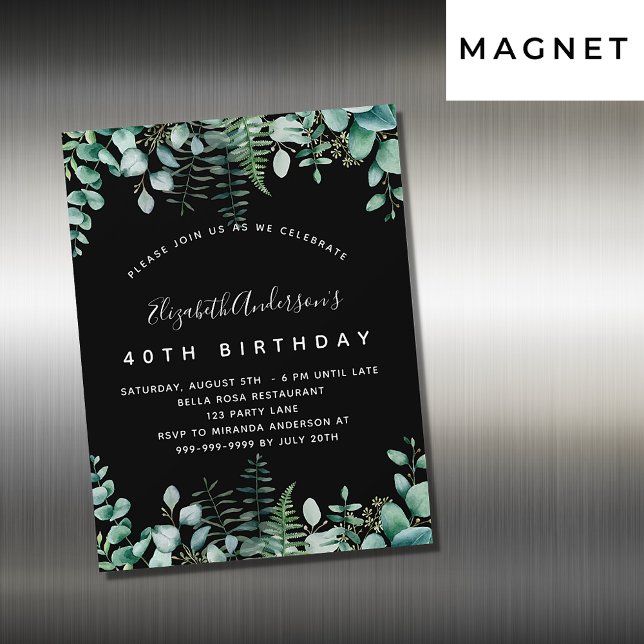 Invitation Magnétique Anniversaire noir eucalyptus verdure boisé luxe (Créateur téléchargé)