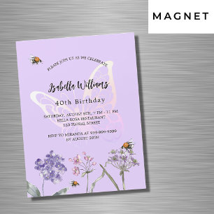 Invitation Magnétique Anniversaire papillon violet fleur sauvage luxe ro