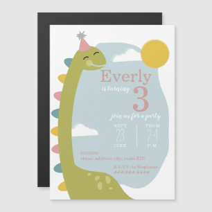 Invitation Magnétique Anniversaire rose de Brontosaurus Dinosaur