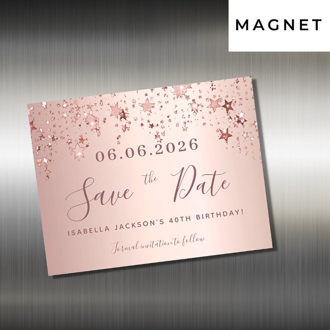 Invitation Magnétique Anniversaire rose étoiles d'or enregistrer la cart (Créateur téléchargé)