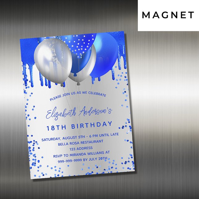 Invitation Magnétique Anniversaire royal bleu argent ballons luxe (Créateur téléchargé)
