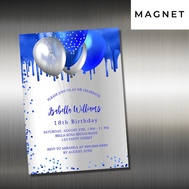 Invitation Magnétique Anniversaire royal bleu argent ballons luxe (Créateur téléchargé)