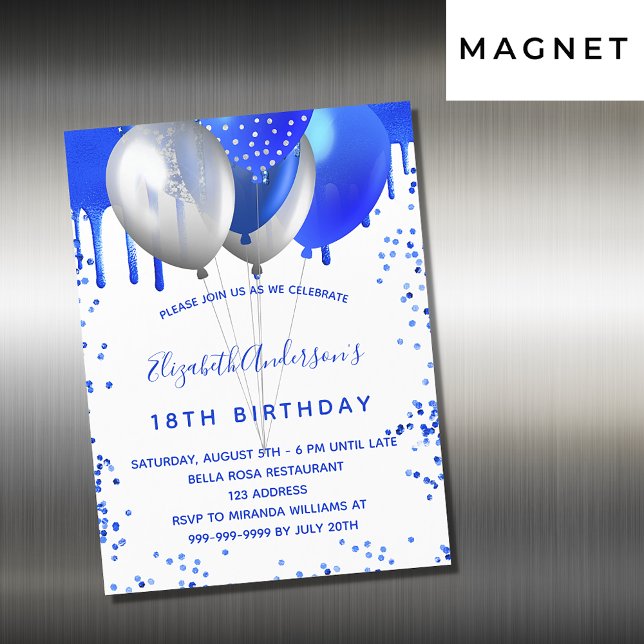 Invitation Magnétique Anniversaire royal bleu blanc ballons luxe (Créateur téléchargé)
