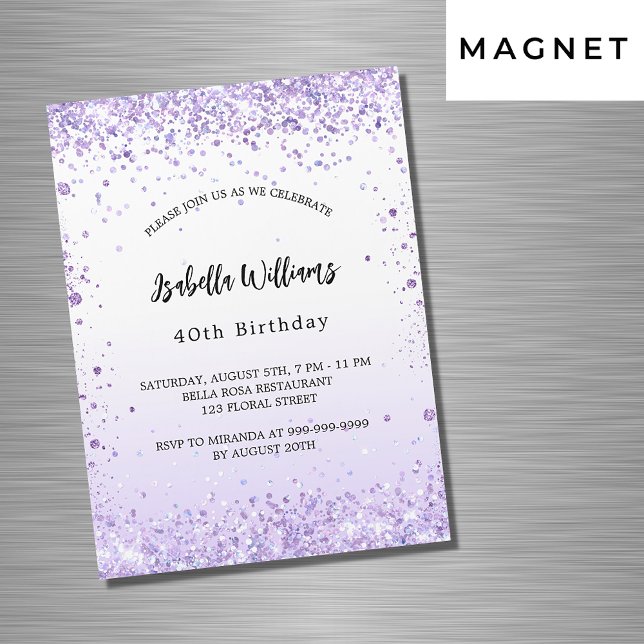 Invitation Magnétique Anniversaire violet lavande scintille luxe script (Créateur téléchargé)
