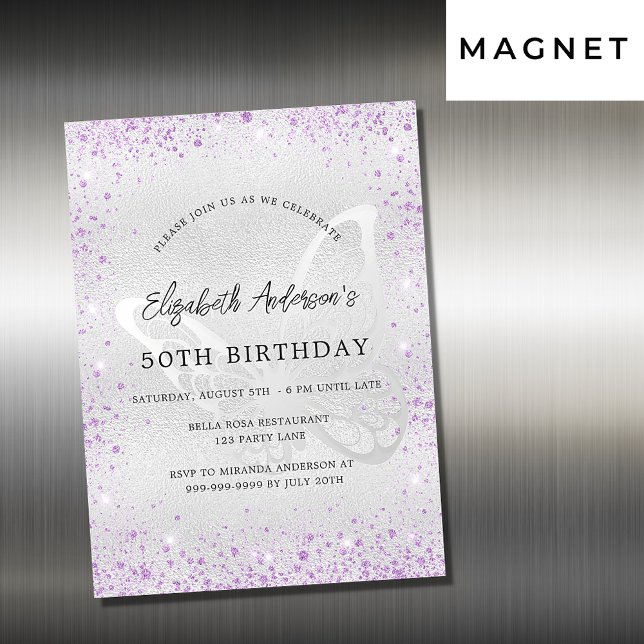 Invitation Magnétique Anniversaire violet papillon d'argent scintille lu (Créateur téléchargé)