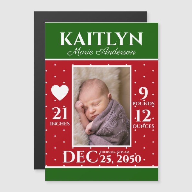 Invitation Magnétique Annonce de naissance de Noël moderne Statistiques  (Devant / Derrière)