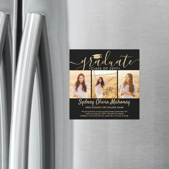 Invitation Magnétique Annonce photo de remise de diplôme Or Noir Magnéti (Créateur téléchargé)