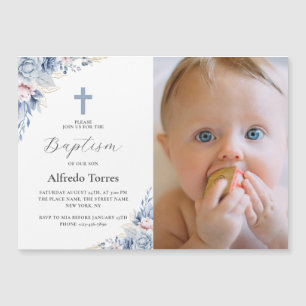 Invitation Magnétique Aquarelle Bleu Dusty Floral Bébé Photo Baptême