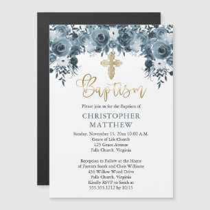 Invitation Magnétique Aquarelle bleue Floral   Faux Gold Boy Baptism