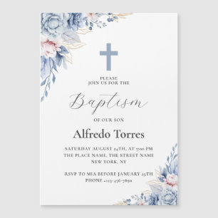 Invitation Magnétique Aquarelle Elégante Dusty Blue Floral Baby Baptism