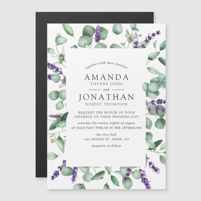 Invitation Magnétique Aquarelle Eucalyptus Lavender Mariage de verdure (Devant / Derrière)