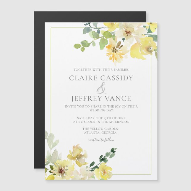 Invitation Magnétique Aquarelle jaune Floral Mariage été gai (Devant / Derrière)
