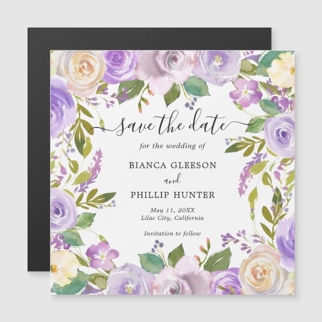 Invitation Magnétique Aquarelle Lilac Mariage floral Enregistrer la date (Devant / Derrière)