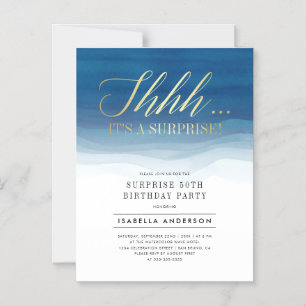 Invitation Magnétique Aquarelle or et bleu Surprise Anniversaire