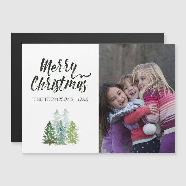 Invitation Magnétique Aquarelle Pine Arbres de Noël Photo (Devant / Derrière)