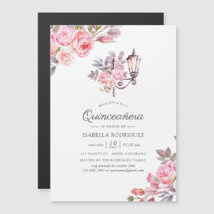 Invitation Magnétique Aquarelle rose florale Paris thème Quinceañera