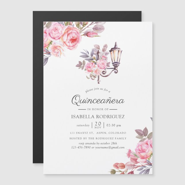 Invitation Magnétique Aquarelle rose florale Paris thème Quinceañera (Devant / Derrière)