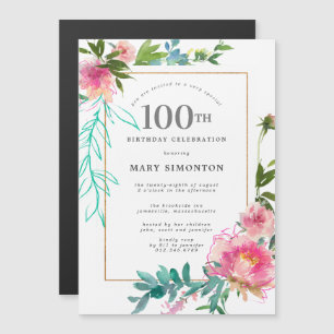 Invitation Magnétique Aquarelle rose Peony Floral 100e anniversaire