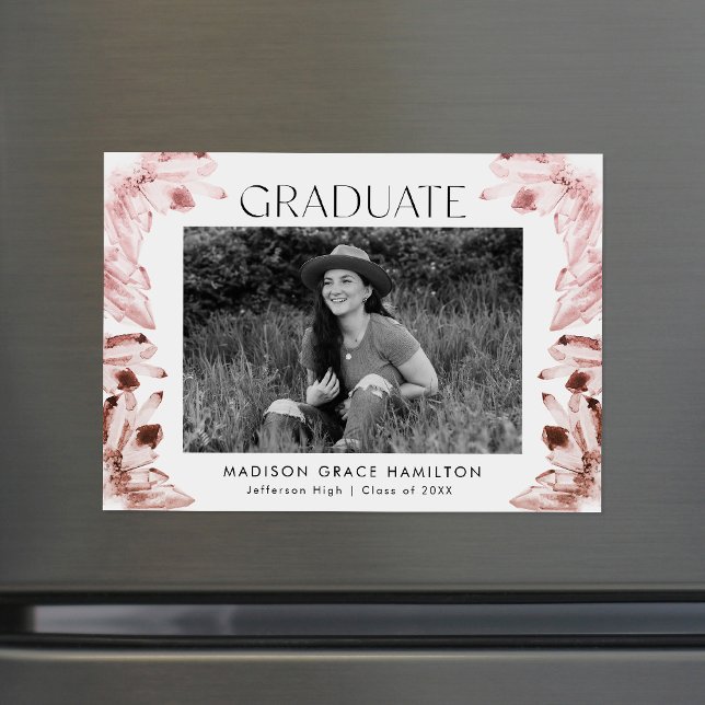 Invitation Magnétique Aquarelle Rose Quartz cristaux Photo Graduation (Créateur téléchargé)