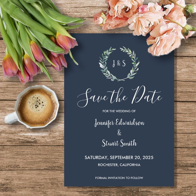 Invitation Magnétique Aquarelle rustique feuille bleu marine Enregistrer (Rustic watercolor leaves navy blue monogrammed magnetic save the date card.)