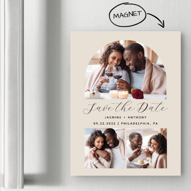 Invitation Magnétique Arche minimaliste 3 Photo Beige (Créateur téléchargé)