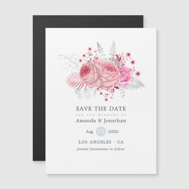 Invitation Magnétique Argent rose et mariage floral blanc Enregistrer la (Devant / Derrière)