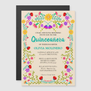 Invitation Magnétique Art folklorique mexicain Champagne Floral Quincean