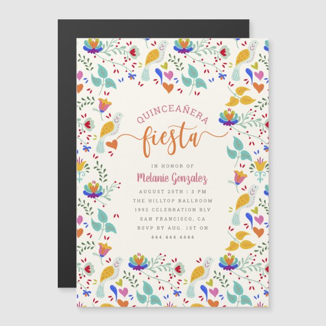 Invitation Magnétique Art populaire Mexicain Floral Quinceañera Fiesta (Devant / Derrière)