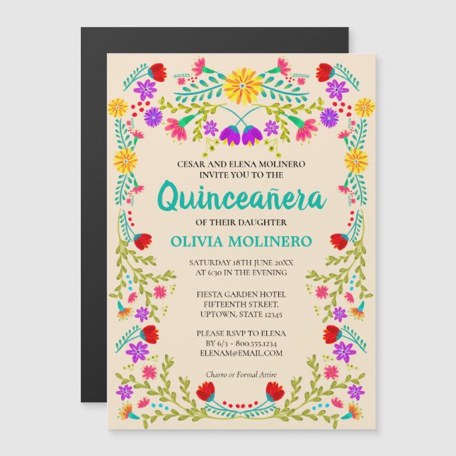 Invitation Magnétique Artisanat Mexicain Fleurs Champagne Quinceanera (Devant / Derrière)