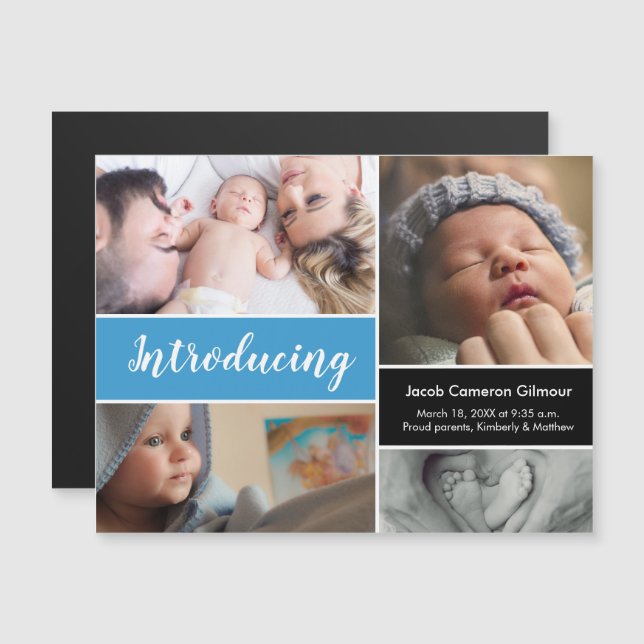 Invitation Magnétique Baby Boy Introduction script photo collage (Devant / Derrière)