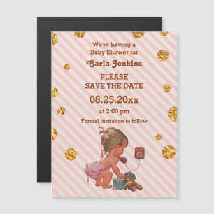 Invitation Magnétique Baby Girl On Phone Gold Confetti Enregistrer La Da