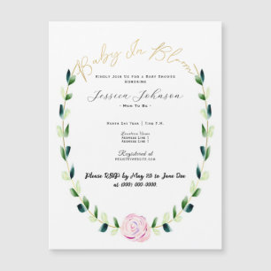 Invitation Magnétique Baby In Bloom - Floral Watercolor & Gold Card