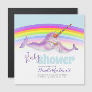 Invitation Magnétique Baby shower arc-en-ciel narval mignon