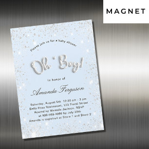 Invitation Magnétique Baby shower bébé bleu garçon argent brillant luxe