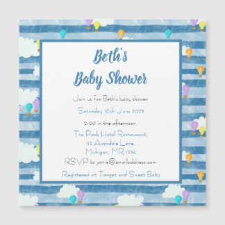 Invitation Magnétique Baby shower bébé garçon, bleu, montgolfière