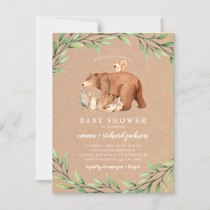 Invitation Magnétique Baby shower d'animaux de la forêt de Kraft Woodlan