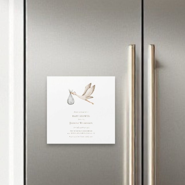 Invitation Magnétique Baby shower de la cigogne d'aquarelle minimale (magnetic baby shower invitatio byt willow spring studio)