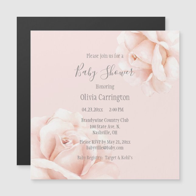 Invitation Magnétique Baby shower de script Roses Roses Roses Roses Rose (Devant / Derrière)
