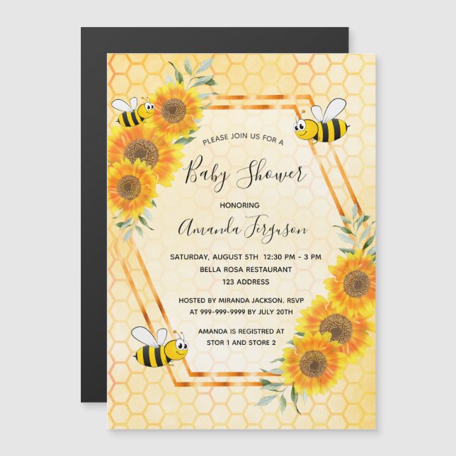 Invitation Magnétique Baby shower de tournesol de nid d'abeille (Devant / Derrière)