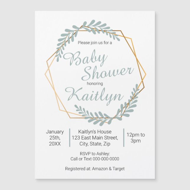 Invitation Magnétique Baby shower de verdure Gold Frame (Devant)