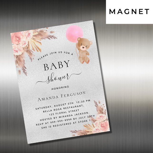 Invitation Magnétique Baby shower fille pampas herbe teddy argent luxe (Créateur téléchargé)