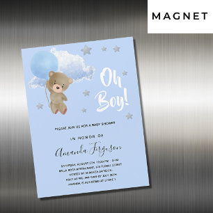 Invitation Magnétique Baby shower garçon ours en peluche bleu étoiles lu