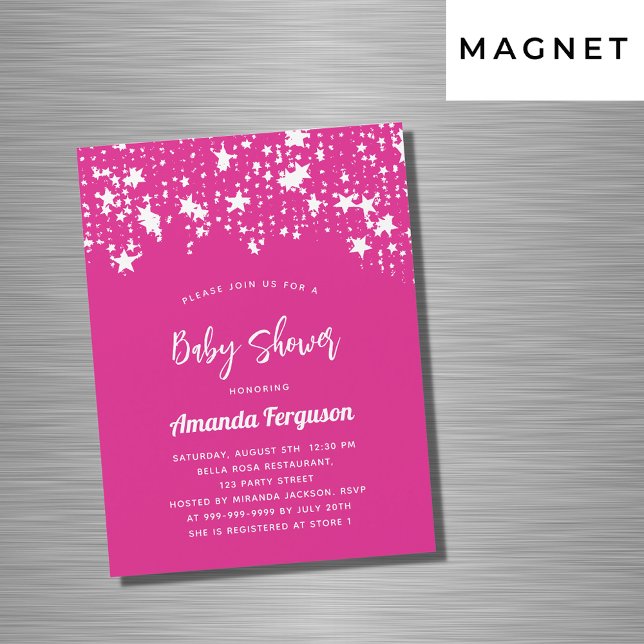 Invitation Magnétique Baby shower hot rose blanc étoiles fille luxe (Créateur téléchargé)