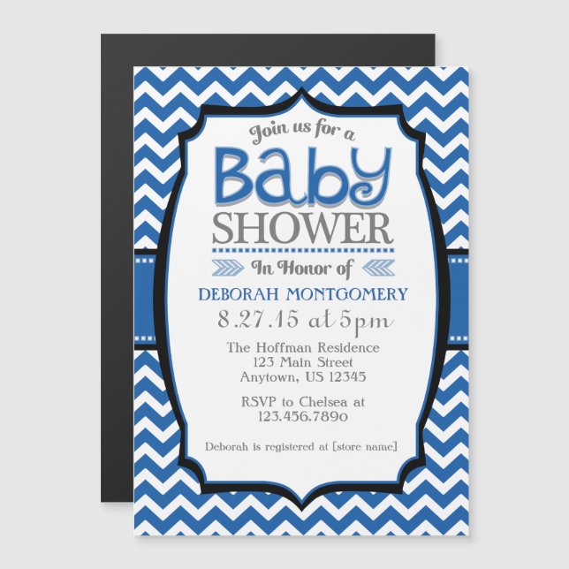 Invitation Magnétique Baby shower magnétique bleu blanc Chevron Invitati (Devant / Derrière)