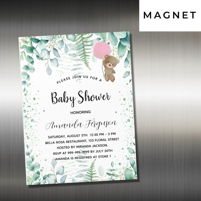 Invitation Magnétique Baby shower ours en peluche eucalyptus fille luxe (Créateur téléchargé)