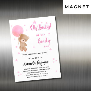 Invitation Magnétique Baby shower ours en peluche fille ballon rose luxe