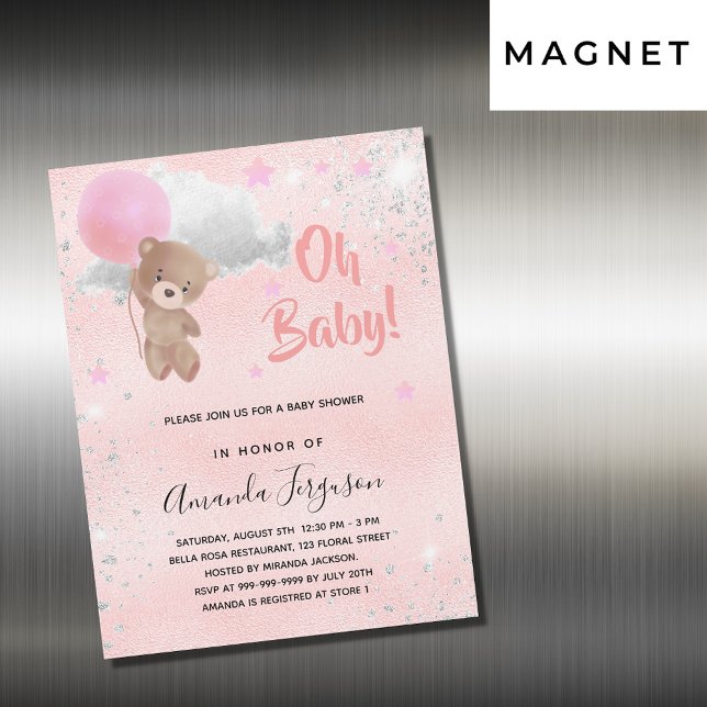 Invitation Magnétique Baby shower ours en peluche fille rose argent luxe (Créateur téléchargé)
