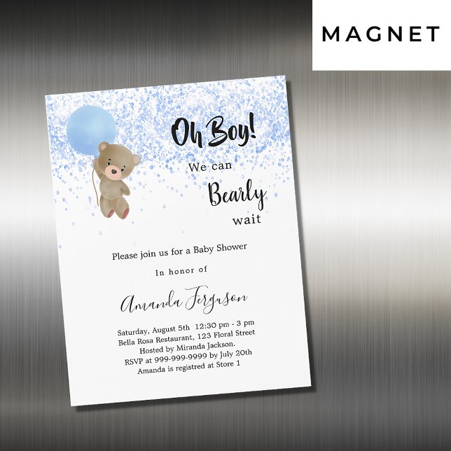 Invitation Magnétique Baby shower ours en peluche garçon bleu blanc luxe (Créateur téléchargé)
