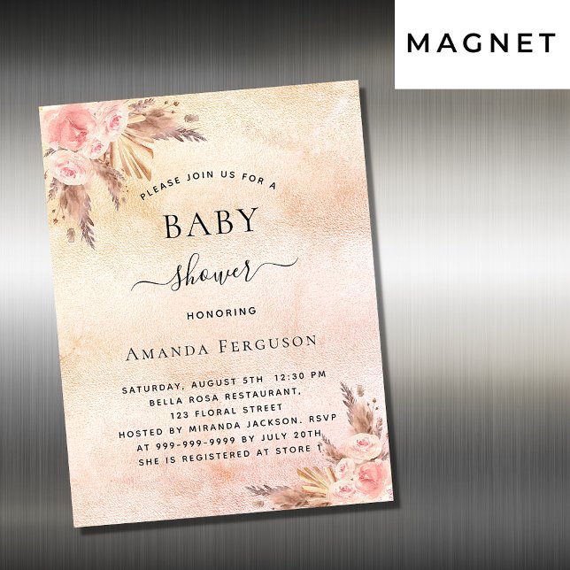 Invitation Magnétique Baby shower pampas herbe fleurie boho luxe (Créateur téléchargé)