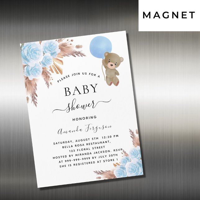 Invitation Magnétique Baby shower pampas herbe ours en peluche bleu luxe (Créateur téléchargé)
